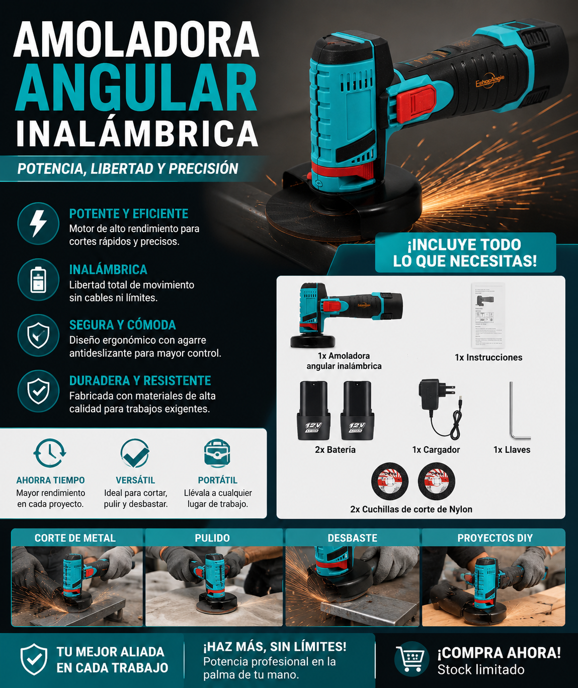 🔧 ¡Potencia Sin Cables! Amoladora Angular Inalámbrica 12V