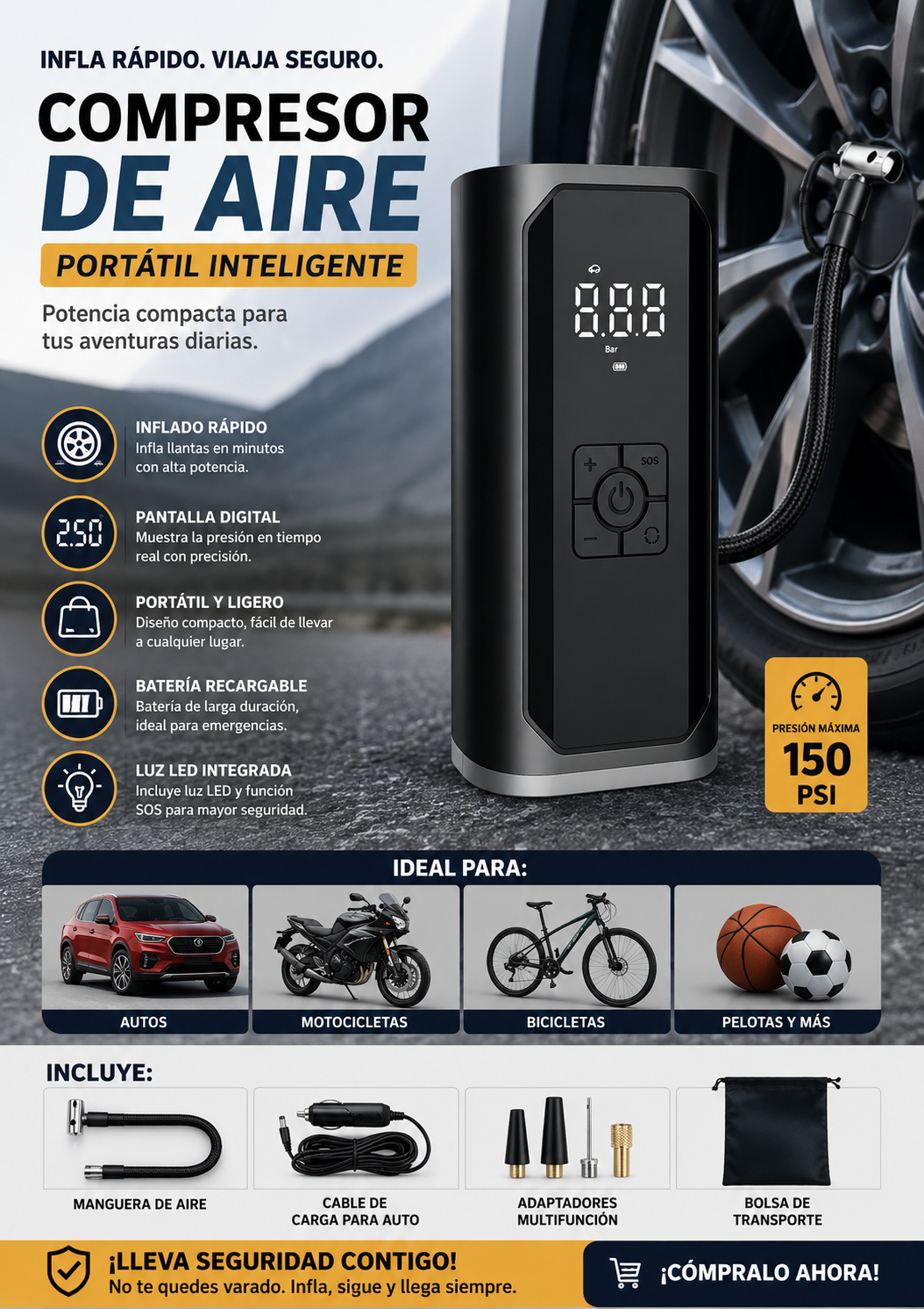 Compresor de Aire Portátil Inteligente Recargable